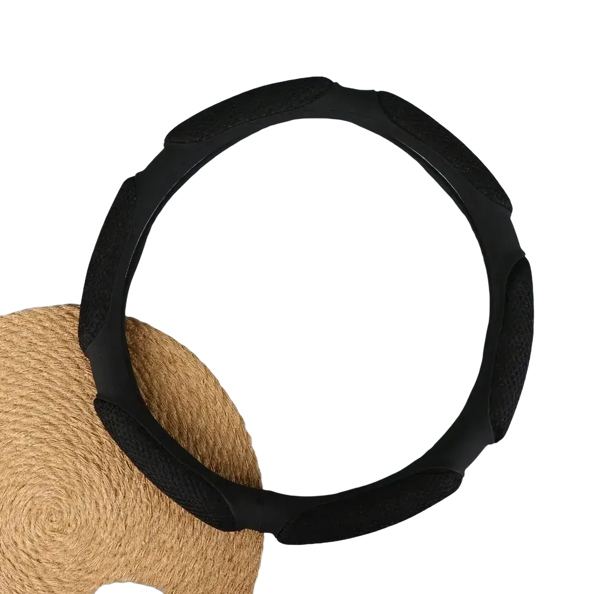 Black rubberized universal 38cm steering wheel cover with textured grip panels suitable for suede and mesh wheels