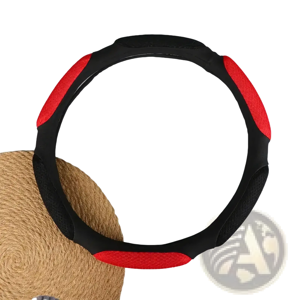 Universal 38cm suede and mesh steering wheel cover in black and red with textured grip sections
