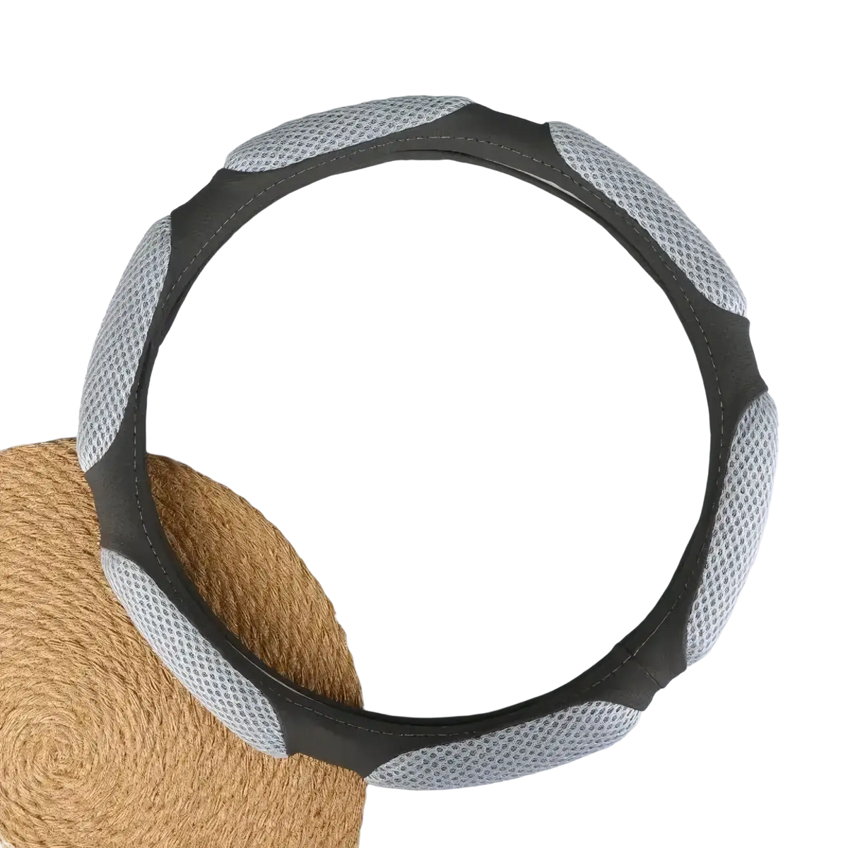 Universal 38cm suede and mesh steering wheel cover in gray and white with a sleek padded design