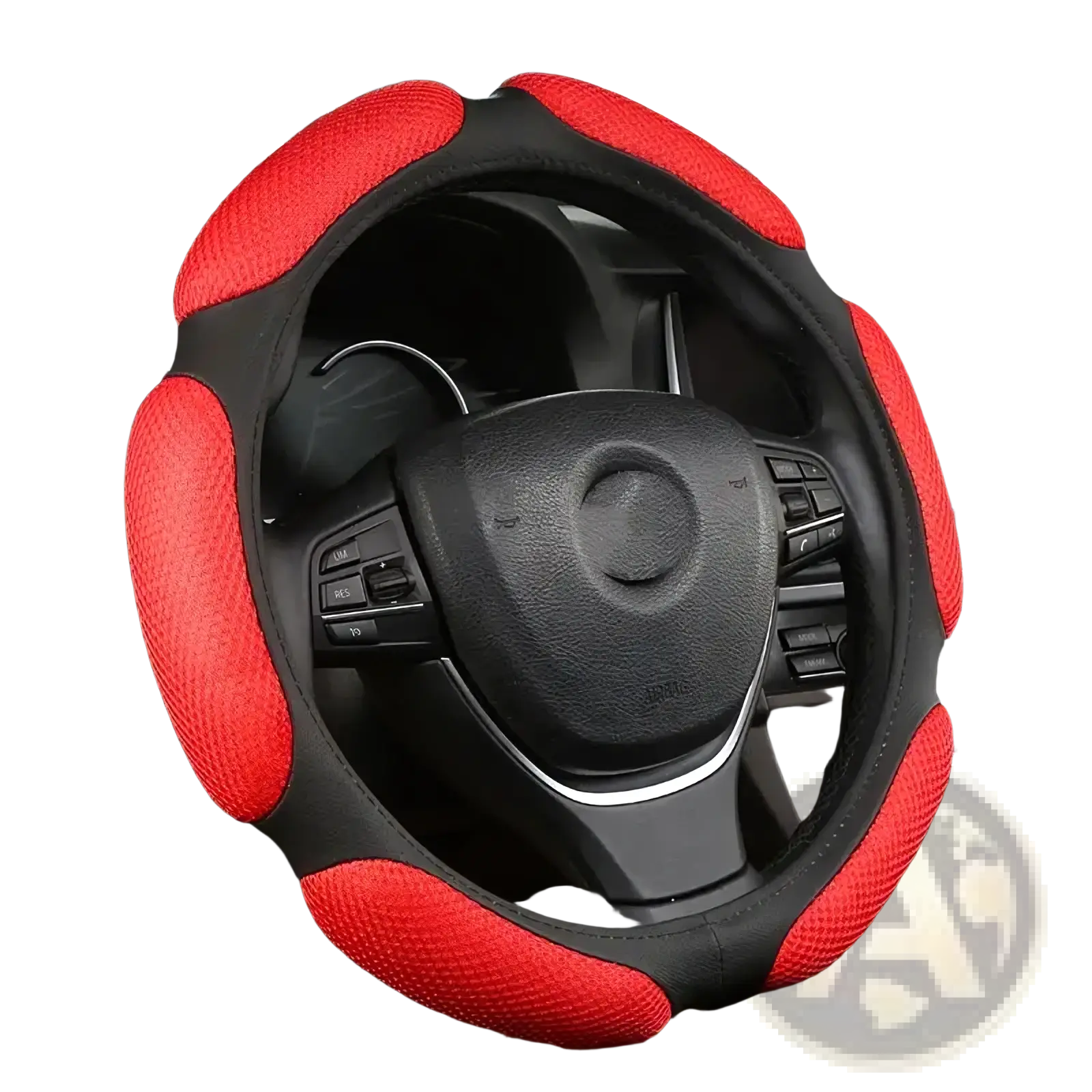 Universal 38cm suede and mesh steering wheel cover in red and black with a textured breathable mesh design