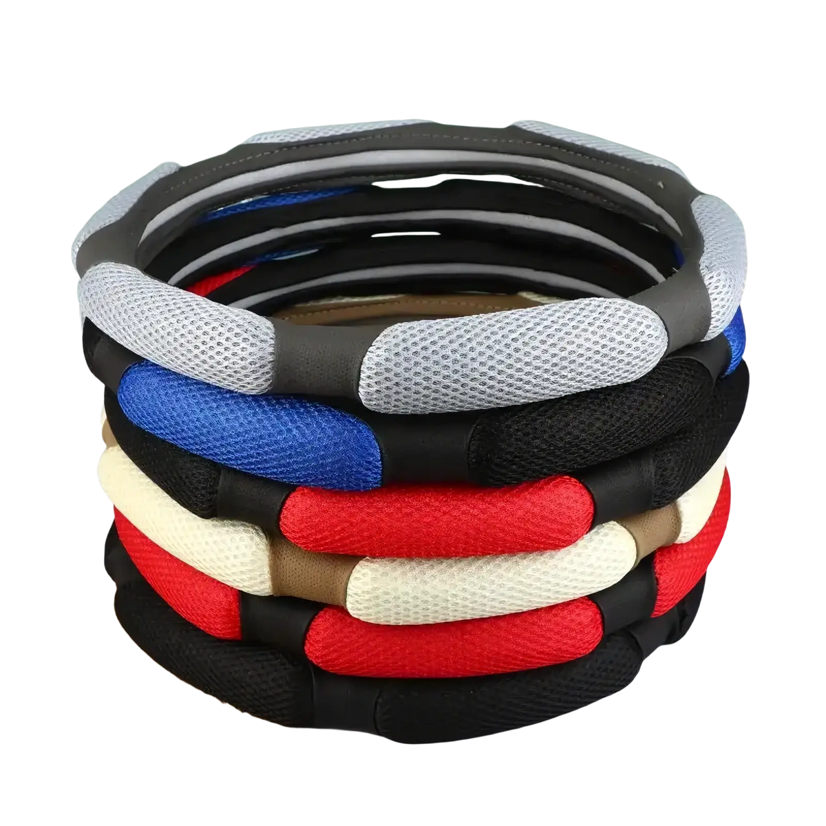 Stacked universal 38cm suede and mesh steering wheel covers in assorted colors featuring breathable mesh and padded sections