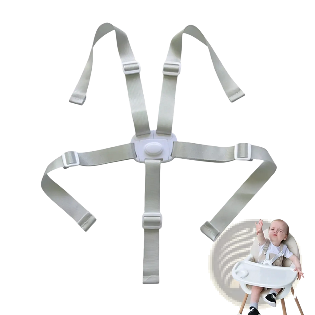 Light gray adjustable universal 5-point baby safety harness belt with plastic buckles and central locking mechanism