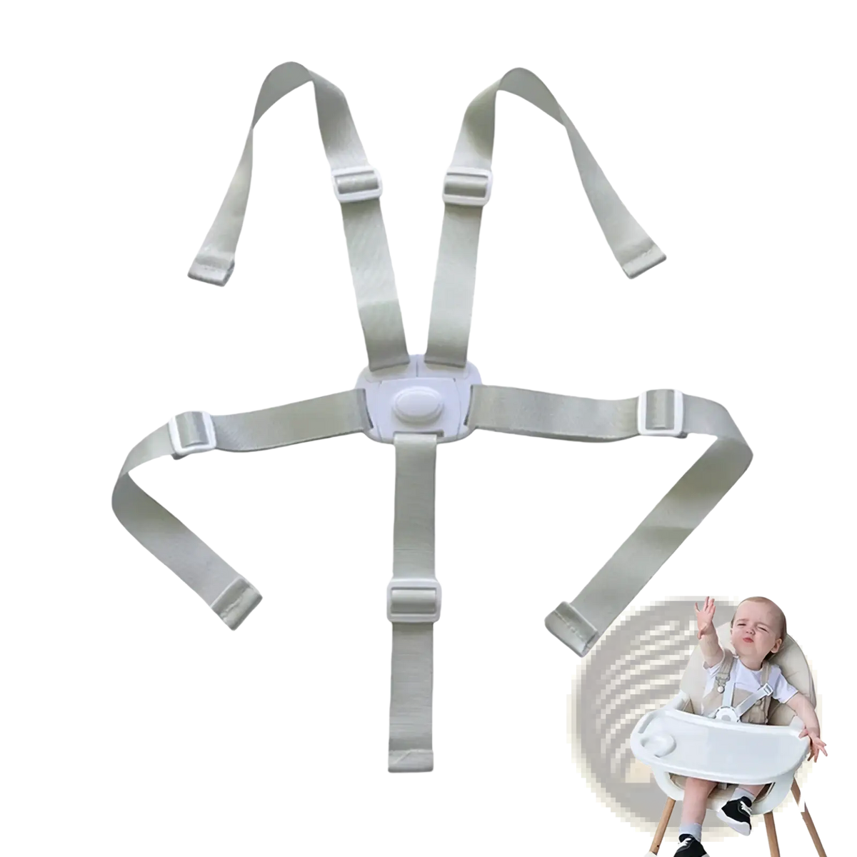 Light gray adjustable universal 5-point baby safety harness belt with plastic buckles and central locking mechanism