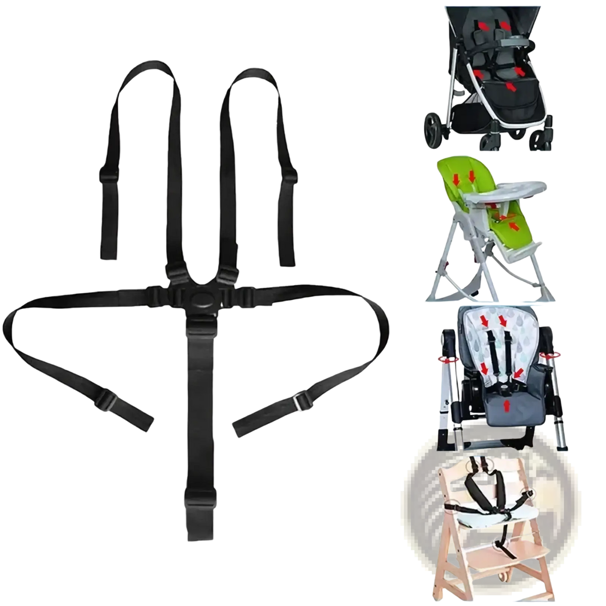 Black adjustable universal 5-point baby safety harness belt with padded straps and secure buckle closures for child safety