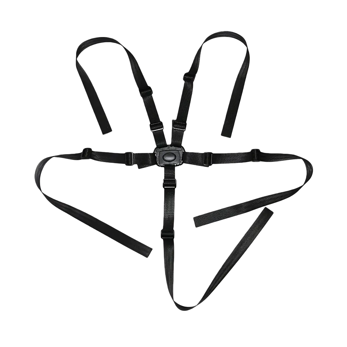 Black universal 5-point baby safety harness belt with adjustable straps and central buckle for secure infant protection