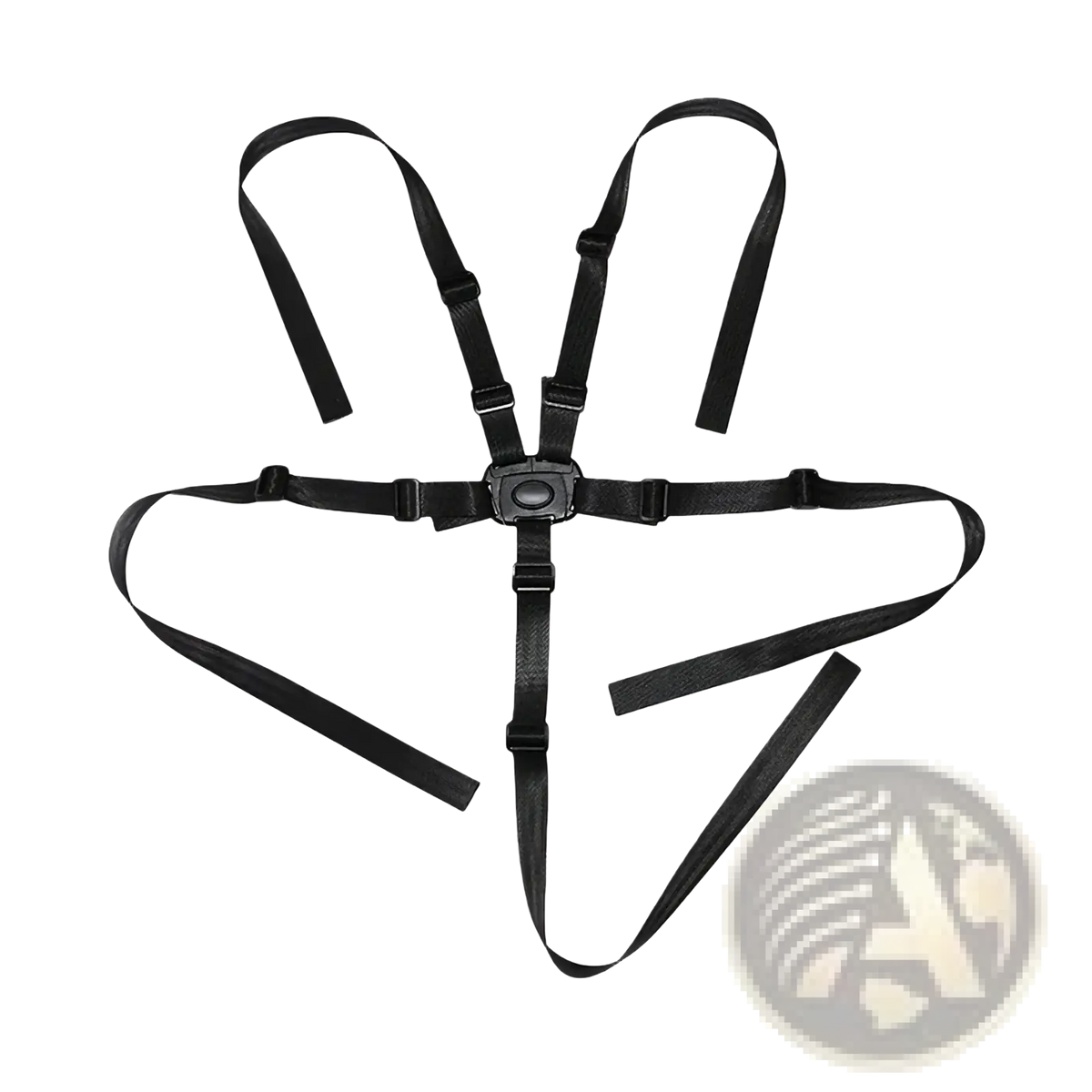 Black universal 5-point baby safety harness belt with adjustable straps and central buckle for secure infant protection