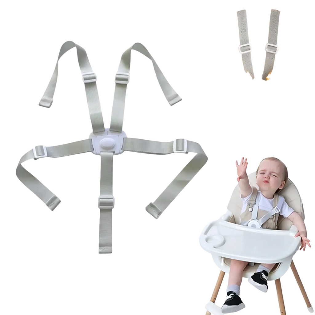 Gray adjustable universal 5-point baby safety harness belt with plastic buckles and central connector for high chairs