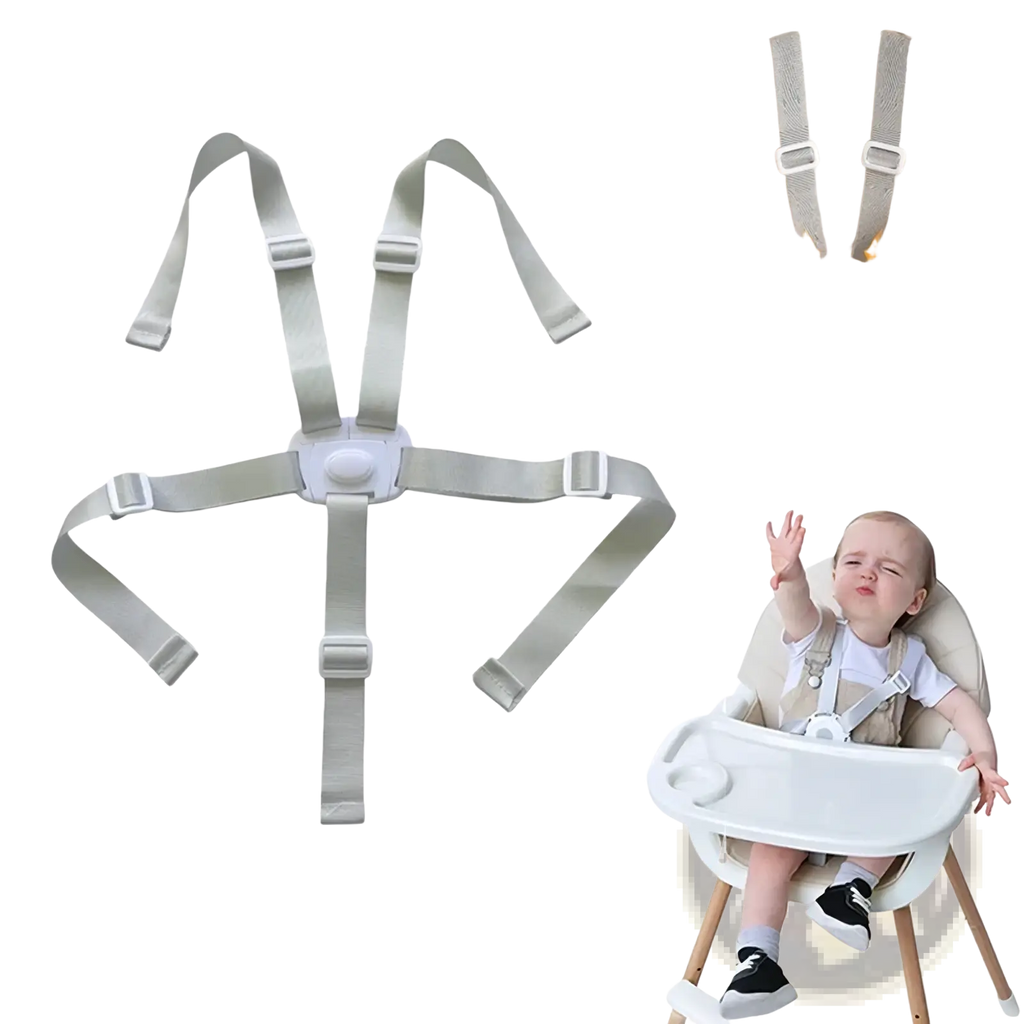 Gray adjustable universal 5-point baby safety harness belt with plastic buckles and central connector for high chairs