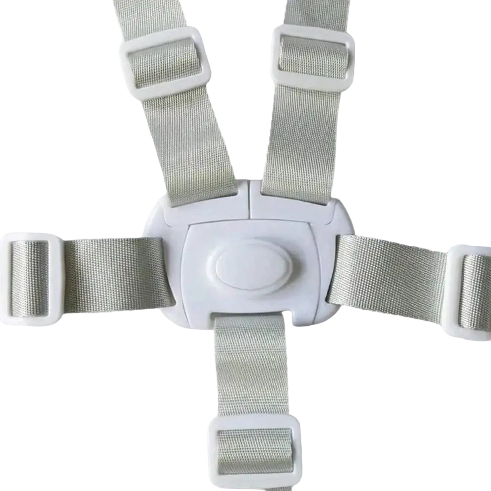 Gray fabric universal 5-point baby safety harness belt with white plastic buckles and central locking mechanism
