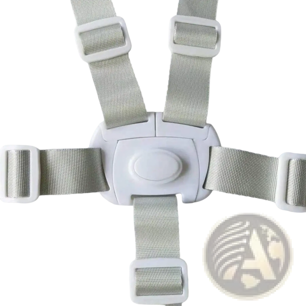 Gray fabric universal 5-point baby safety harness belt with white plastic buckles and central locking mechanism