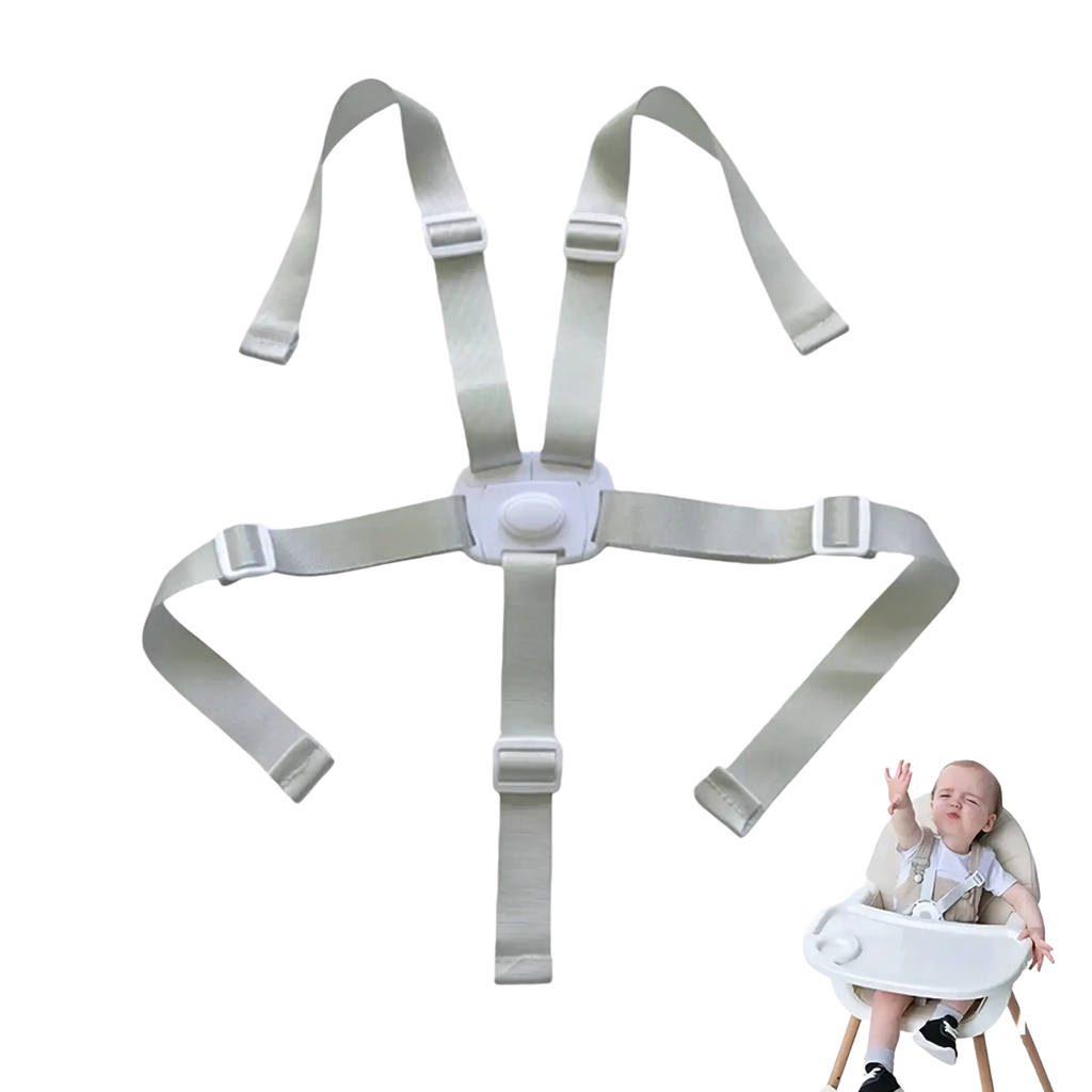 Light gray adjustable universal 5-point baby safety harness belt with plastic buckles and central locking mechanism