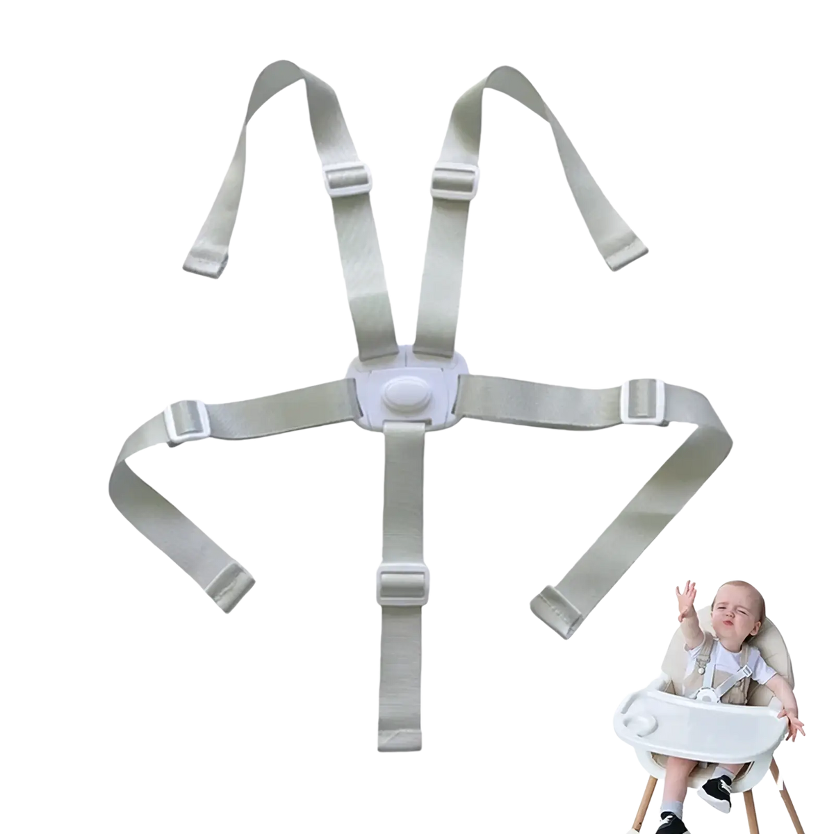 Light gray adjustable universal 5-point baby safety harness belt with plastic buckles and central locking mechanism
