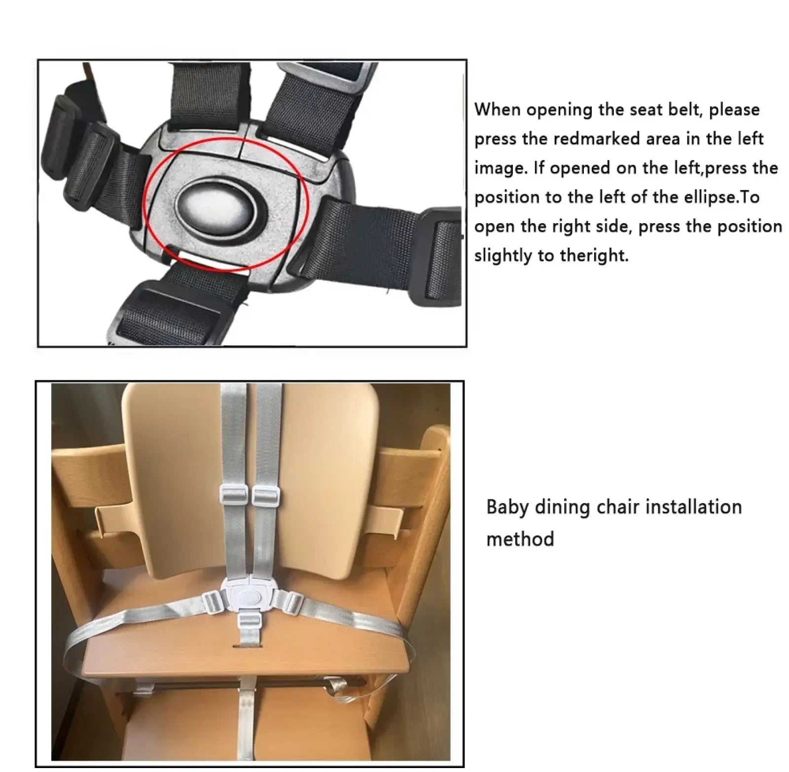 Silver plastic universal 5-point baby safety harness belt with black straps for secure dining chair use