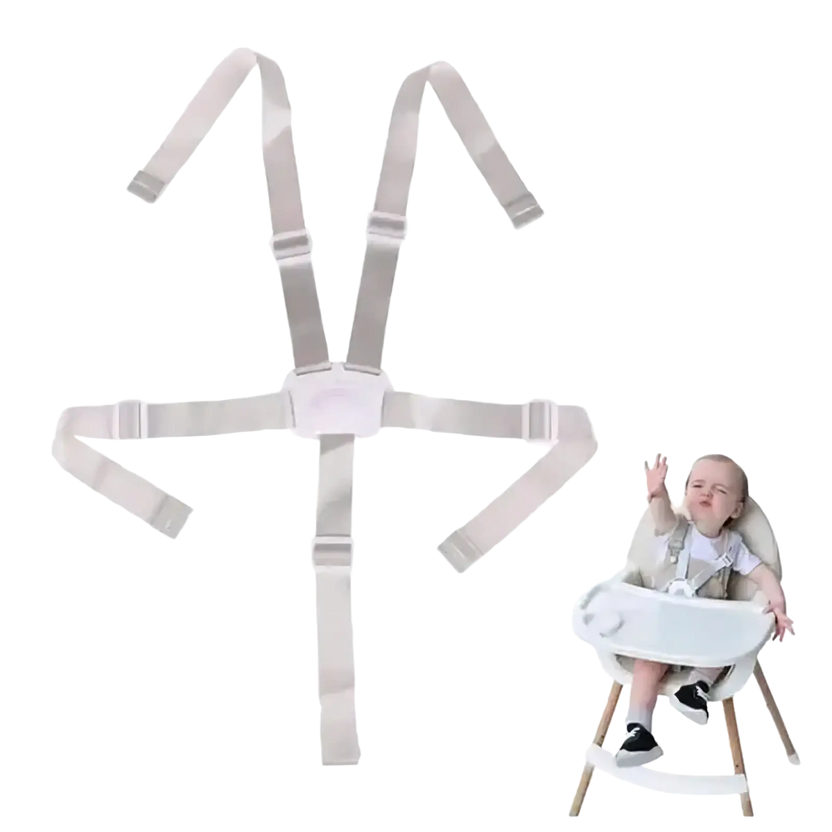 Beige universal 5 point baby safety harness stroller belt with adjustable straps and central buckle for secure seating