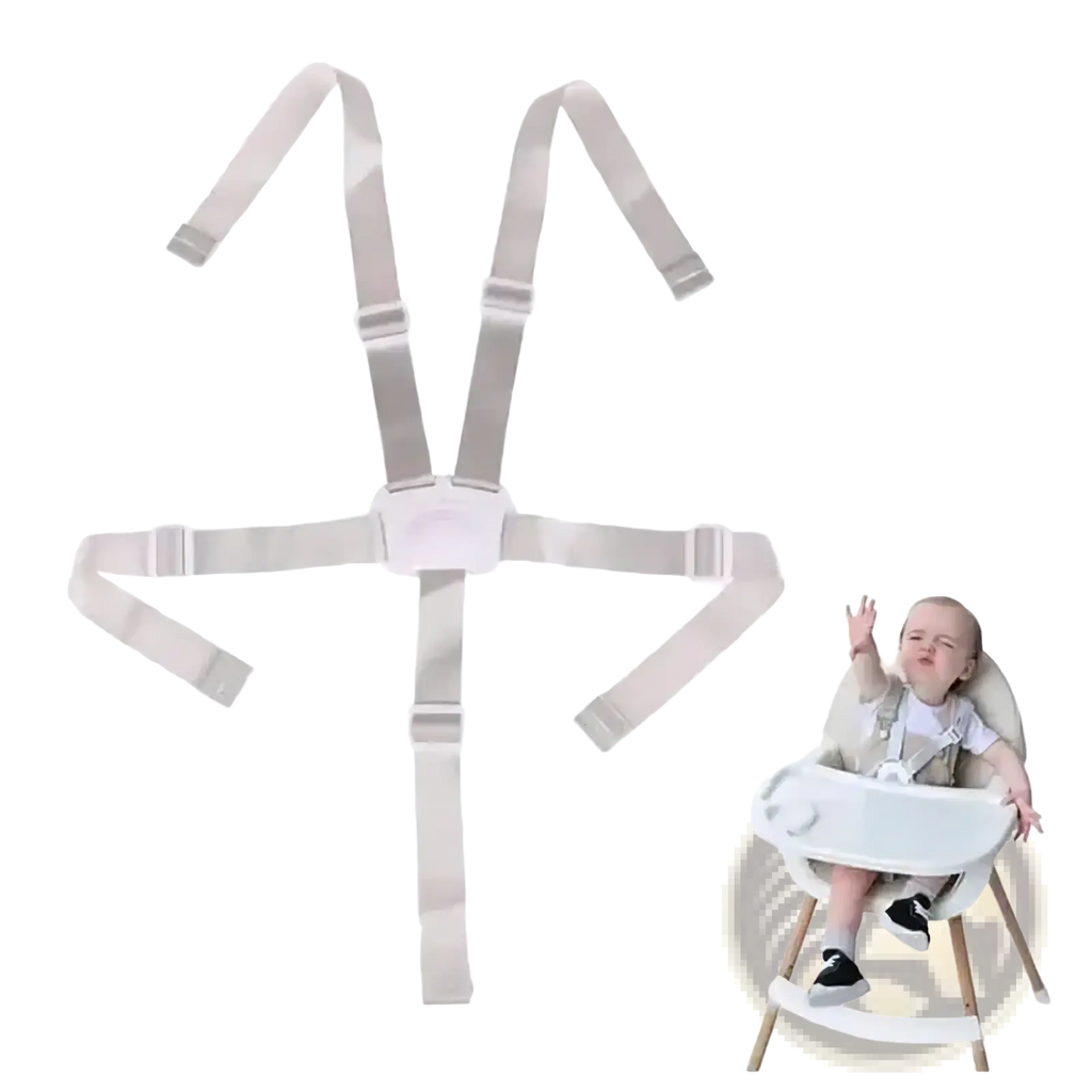 Beige universal 5 point baby safety harness stroller belt with adjustable straps and central buckle for secure seating
