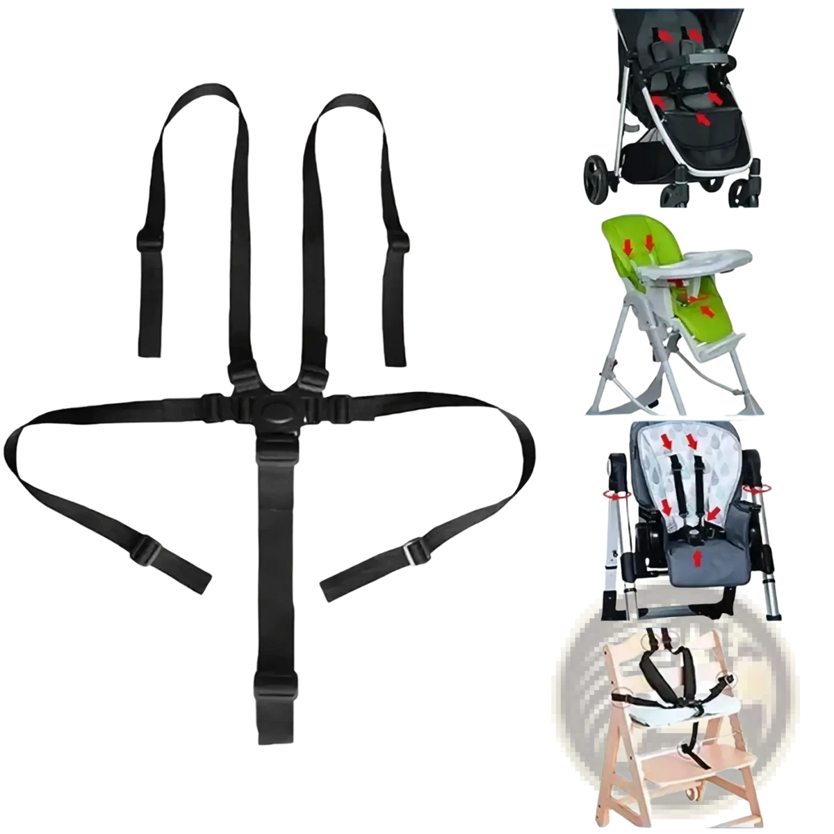 Black universal 5 point baby safety harness stroller belt with adjustable straps and buckle closures for secure use