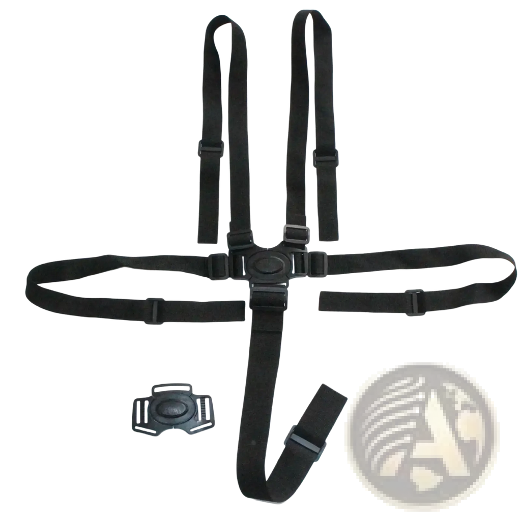 Black infant safety harness with adjustable straps and plastic buckles for universal 5 point stroller belt use