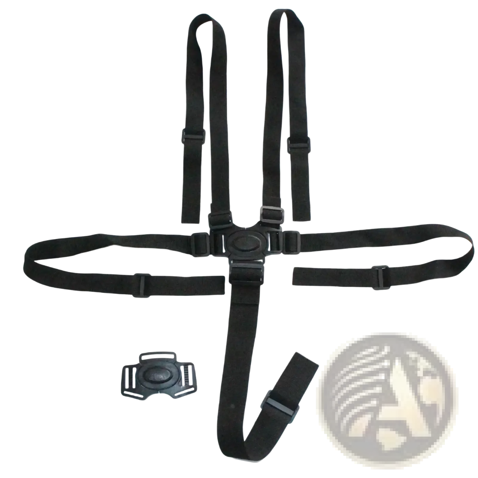 Black infant safety harness with adjustable straps and plastic buckles for universal 5 point stroller belt use