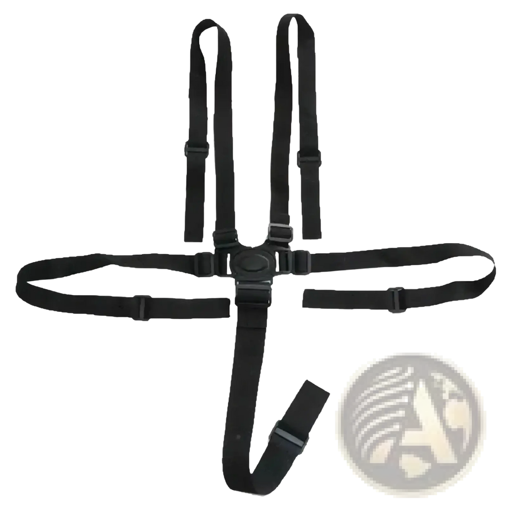 Black nylon universal 5 point baby safety harness with adjustable plastic buckles and central connector for strollers