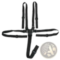 Black nylon universal 5 point baby safety harness with adjustable plastic buckles and central connector for strollers