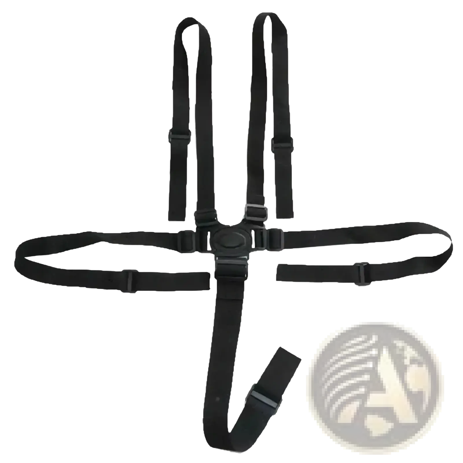 Black nylon universal 5 point baby safety harness with adjustable plastic buckles and central connector for strollers