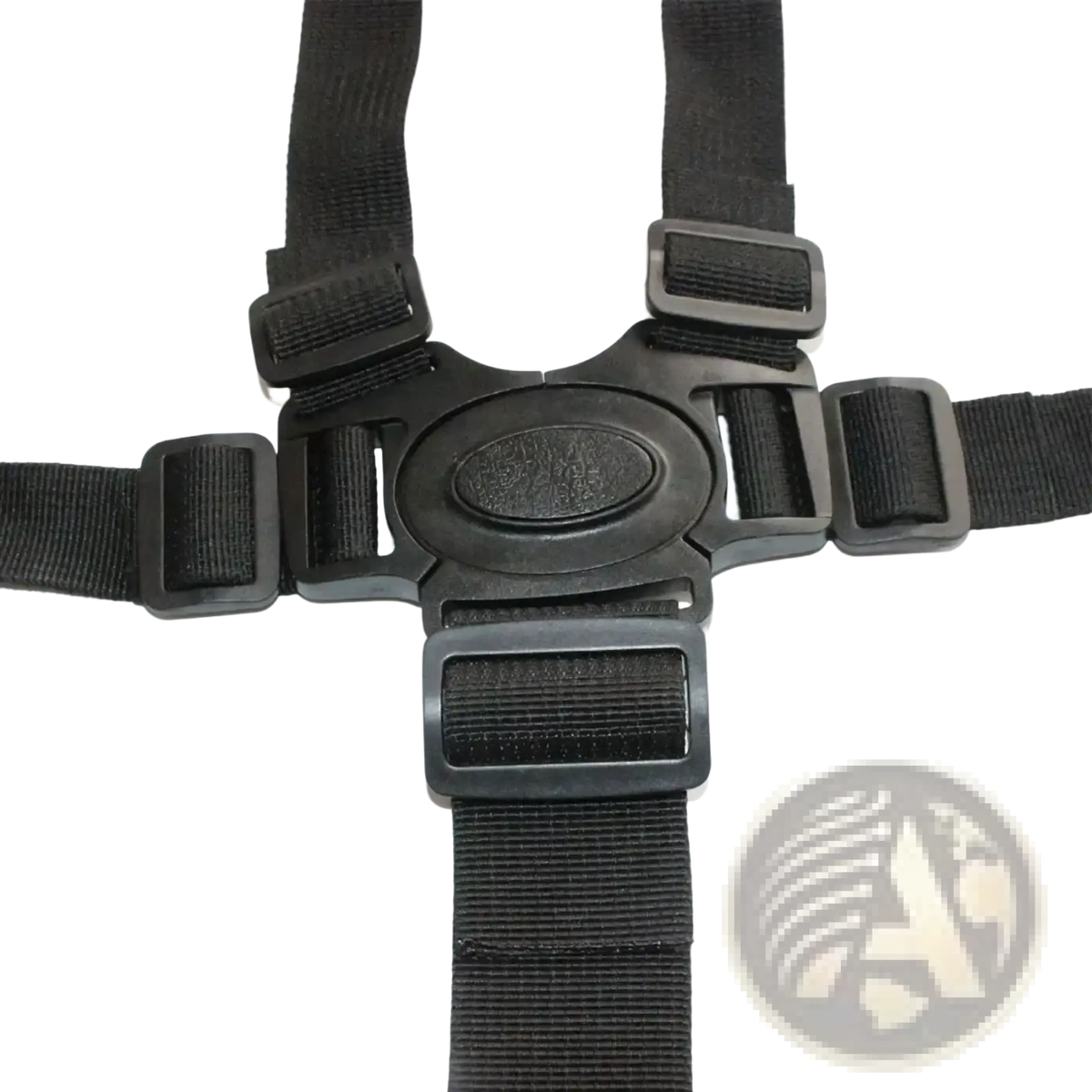 Black nylon universal 5 point baby safety harness with plastic buckles and central oval buckle plate for strollers