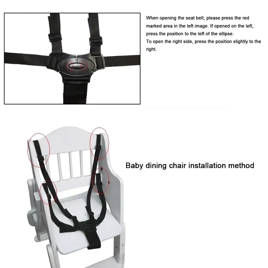 Black universal 5 point baby safety harness with adjustable straps and central buckle on white dining chair