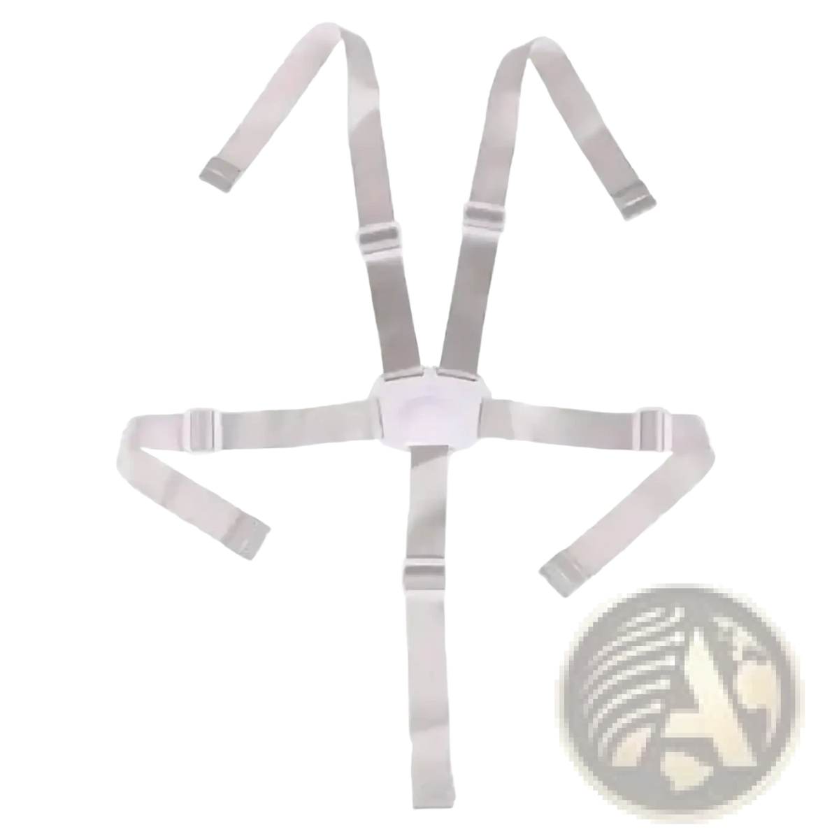White plastic universal 5 point baby safety harness with adjustable straps and buckle closures for strollers