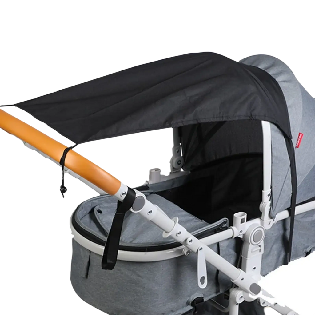 Black fabric universal baby stroller sun shade uv protection canopy attached to stroller frame back view