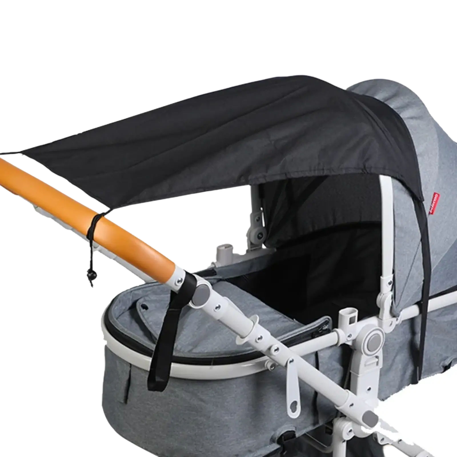 Black fabric universal baby stroller sun shade uv protection canopy attached to stroller frame back view