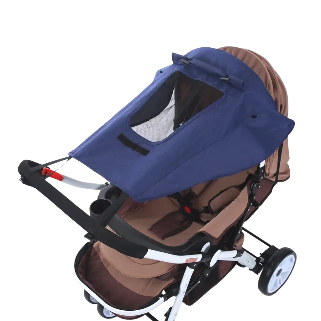 Blue fabric universal baby stroller sun shade with uv protection canopy and mesh window for ventilation