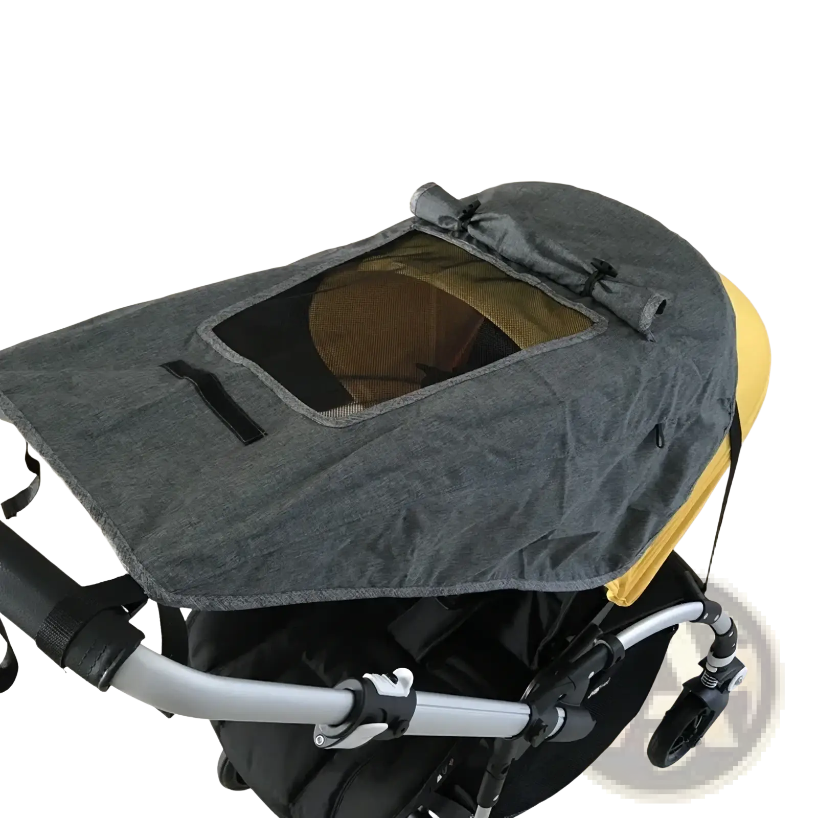 Gray fabric sunshade with mesh window and black trim for universal baby stroller uv protection canopy shown from the back side