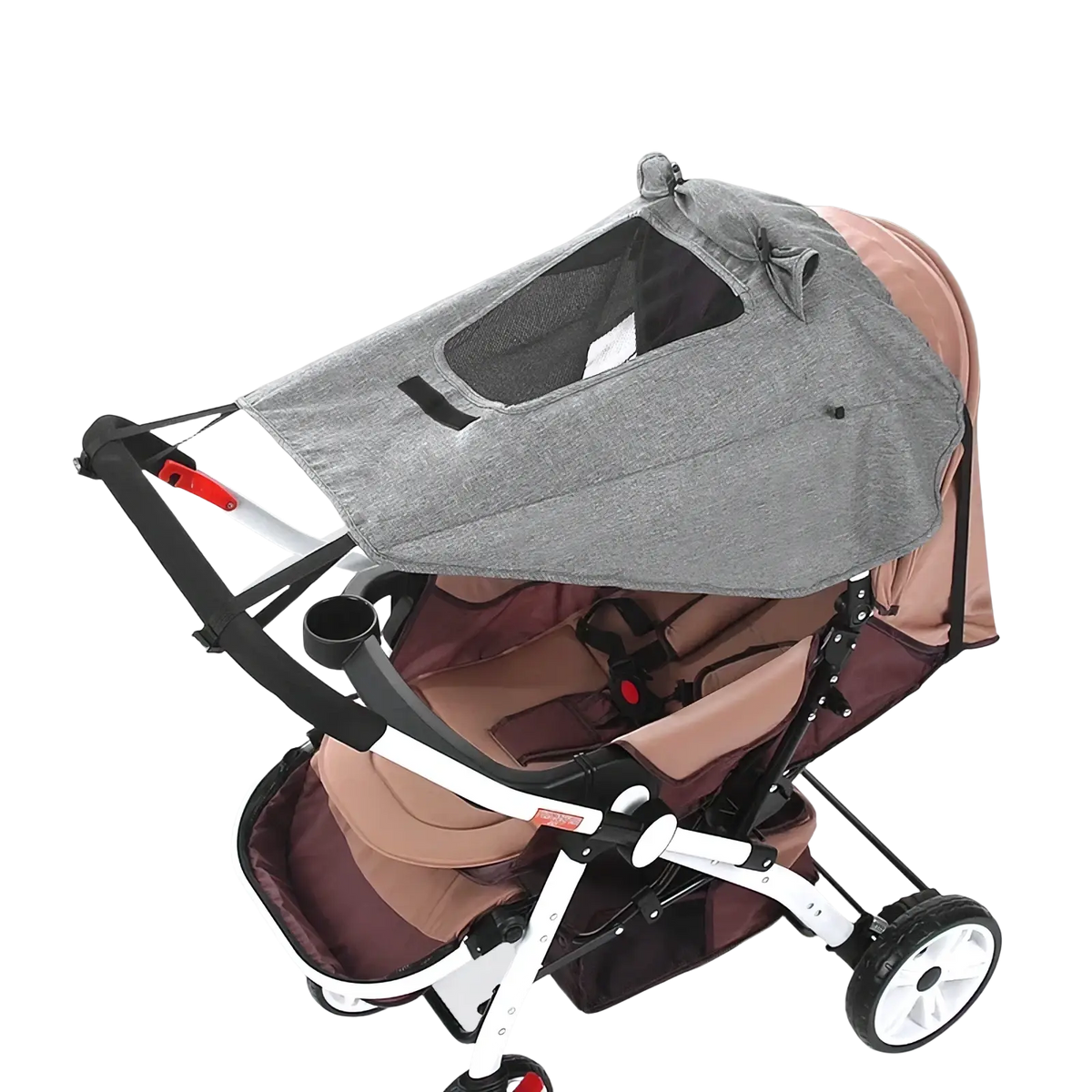 Gray mesh universal baby stroller sun shade uv protection canopy with bow detail designed to fit over stroller