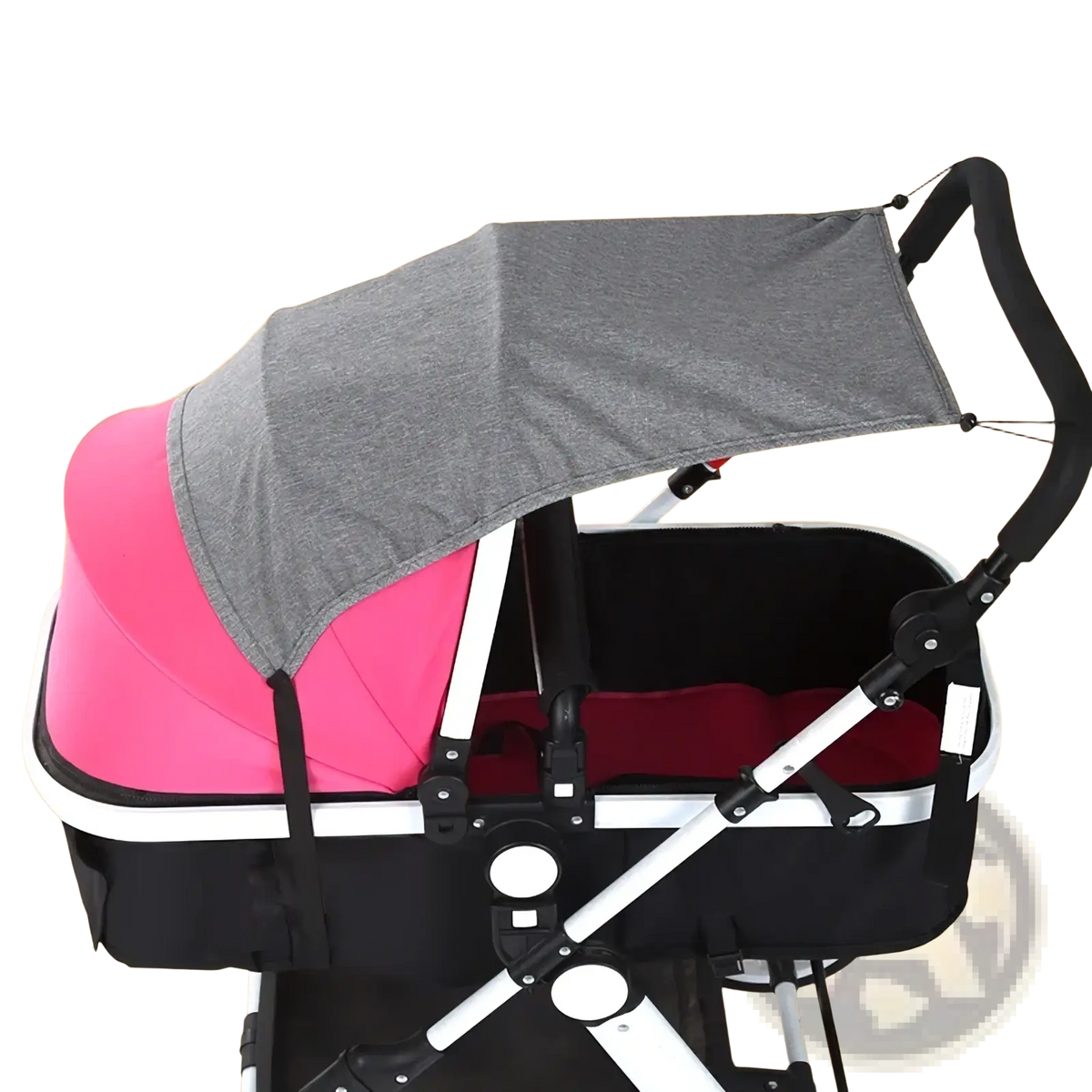 Pink and black baby stroller with gray fabric universal sun shade uv protection canopy visible from the back side