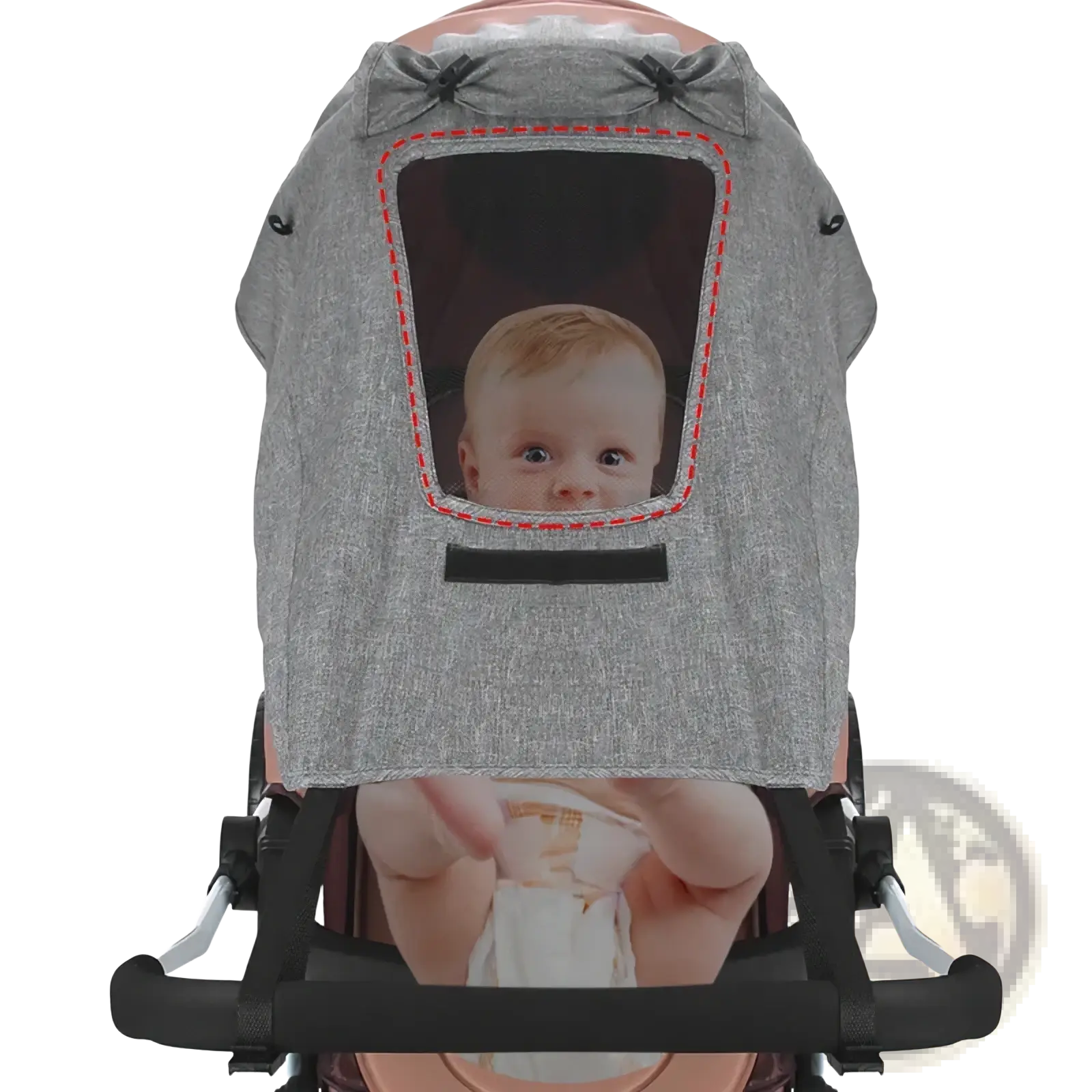 Gray textured fabric universal baby stroller sun shade uv protection canopy with clear window and red edge stitching