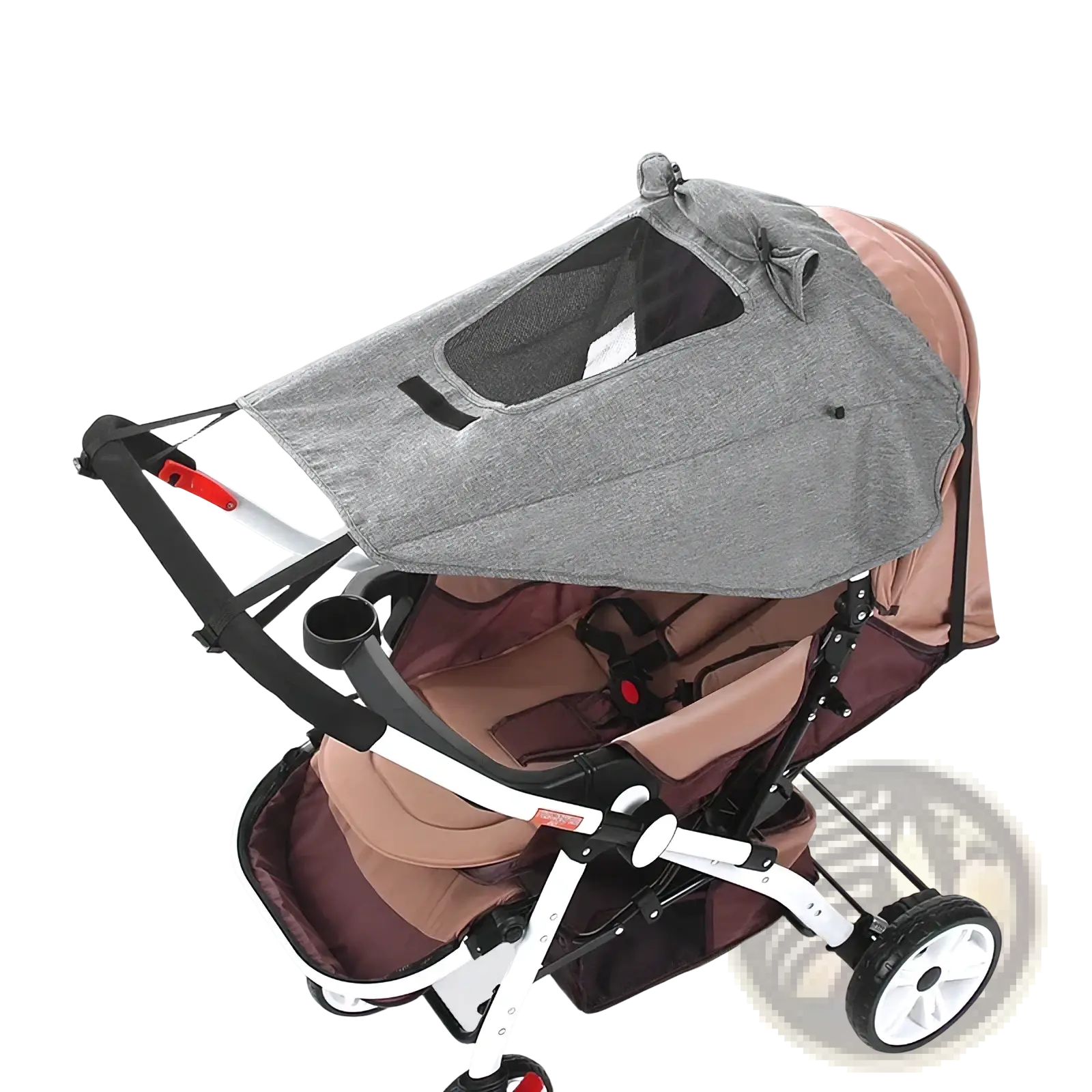 Gray mesh universal baby stroller sun shade uv protection canopy with bow detail designed to fit over stroller