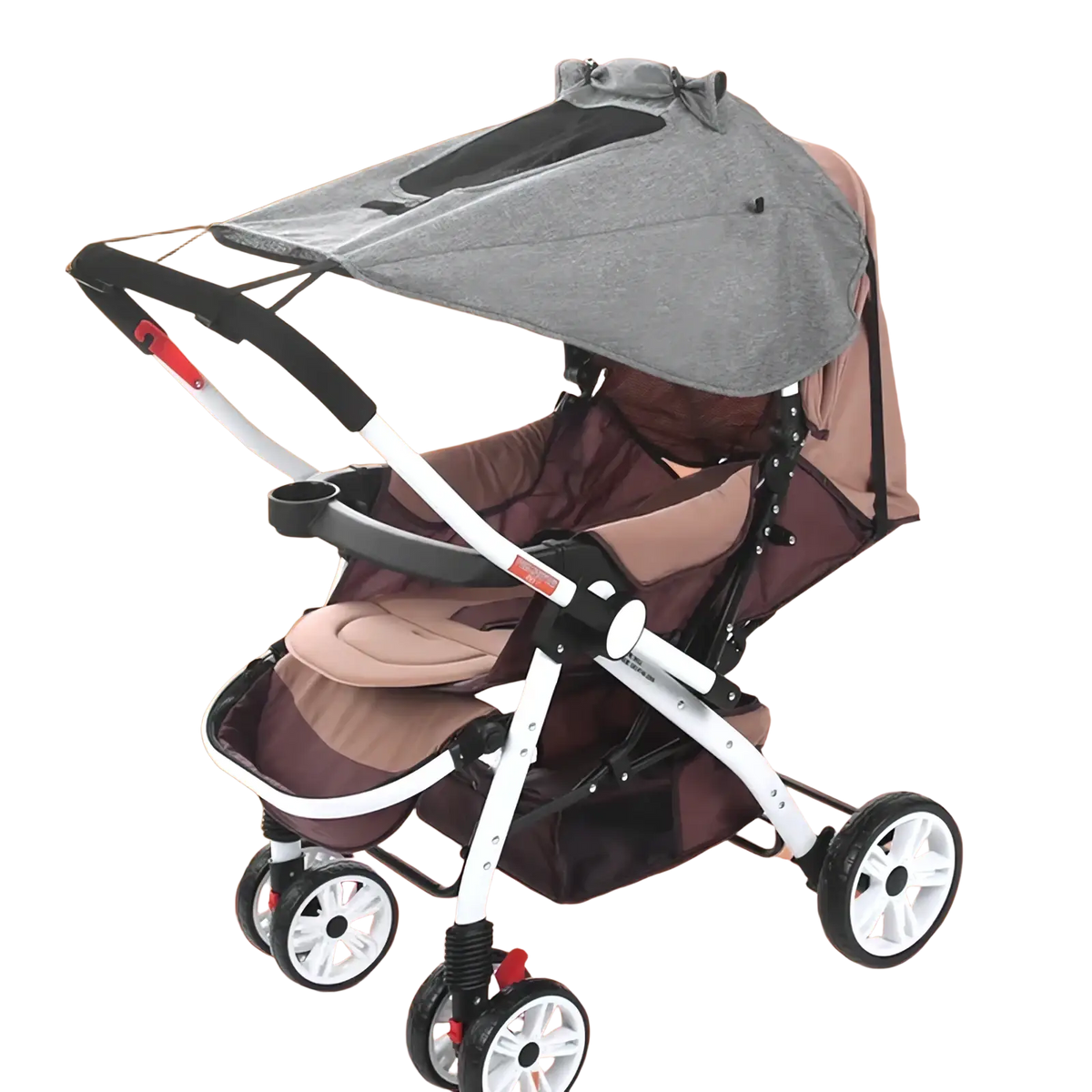 A modern baby stroller with gray fabric universal sun shade uv protection canopy and brown padded seat