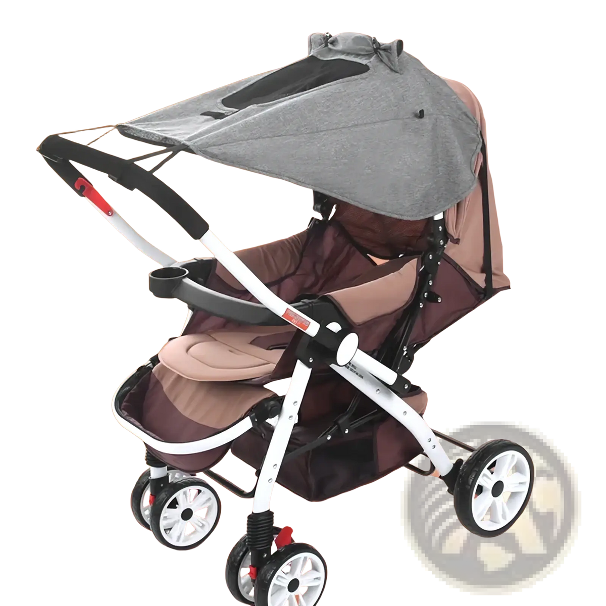A modern baby stroller with gray fabric universal sun shade uv protection canopy and brown padded seat