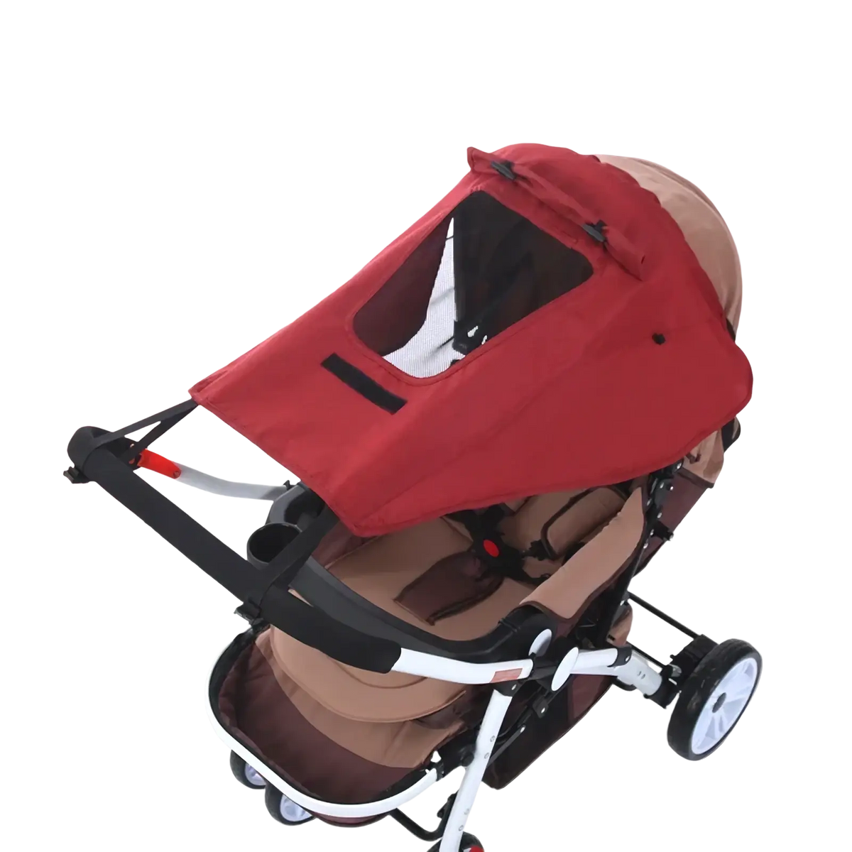 Red fabric universal baby stroller sun shade with clear window panel for UV protection and ventilation