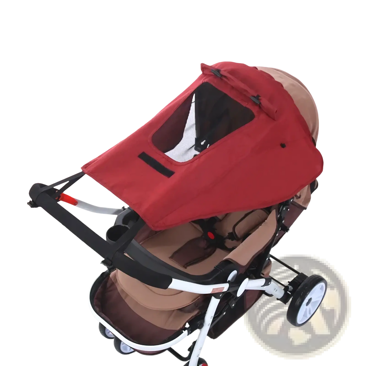 Red fabric universal baby stroller sun shade with clear window panel for UV protection and ventilation