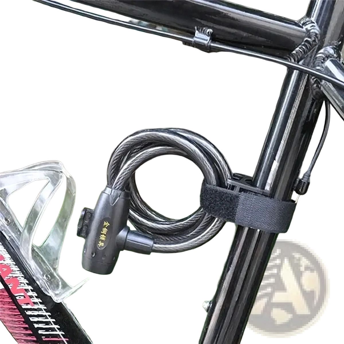 Black coiled bicycle lock with sturdy braided steel cable and matte black plastic housing for universal bike flashlight mount strap holder