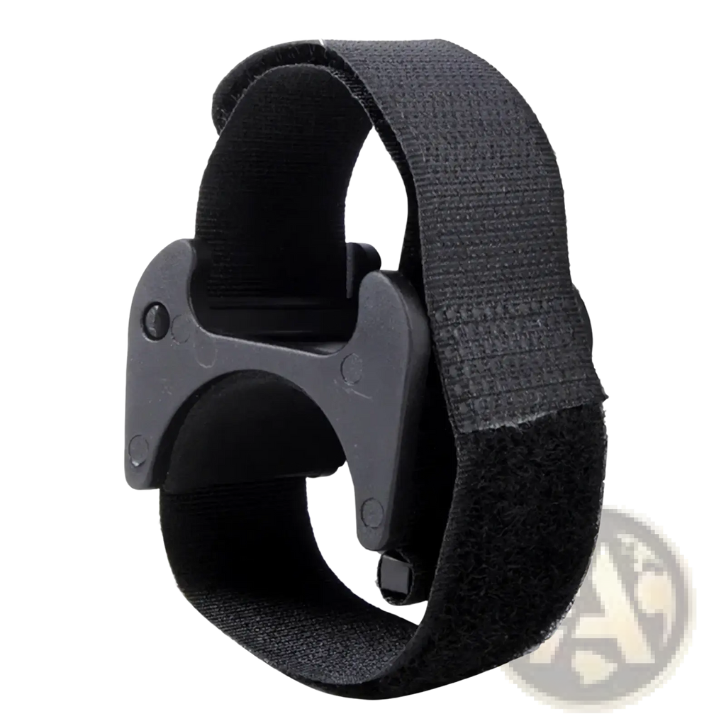 Black elastic strap with matte black plastic buckle for secure fastening in universal bike flashlight mount strap holder