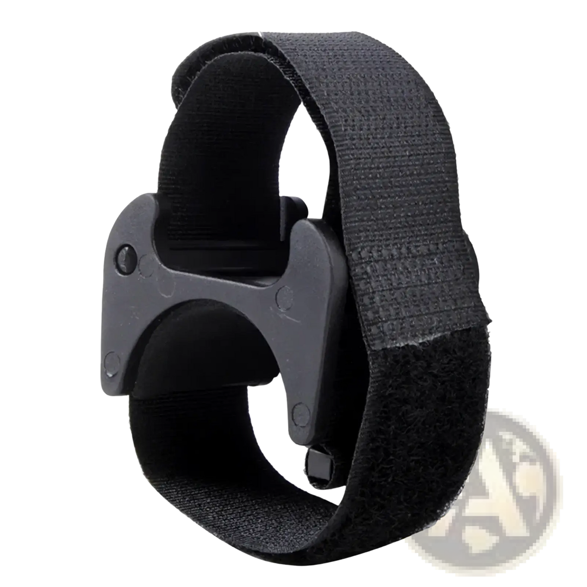 Black elastic strap with matte black plastic buckle for secure fastening in universal bike flashlight mount strap holder