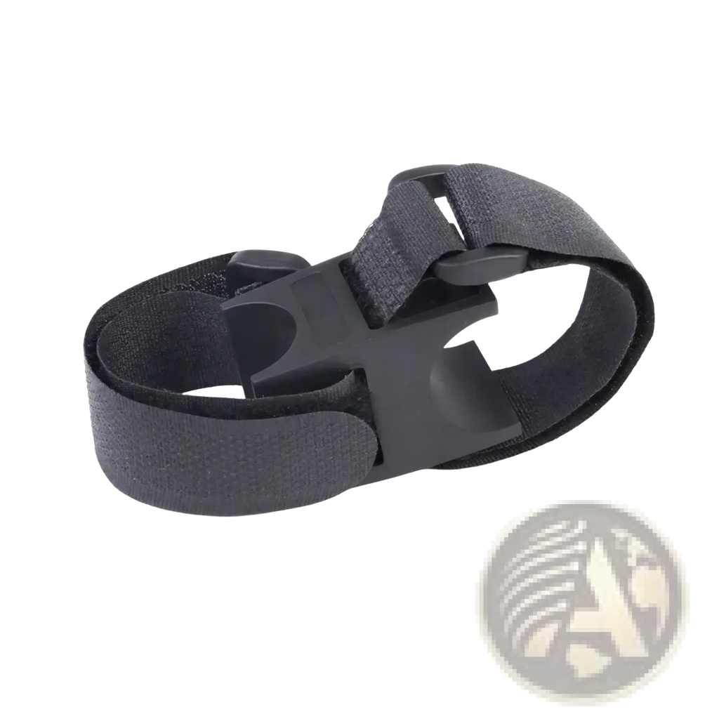 Black elastic strap with plastic buckle for universal bike flashlight mount strap holder visible from the back side