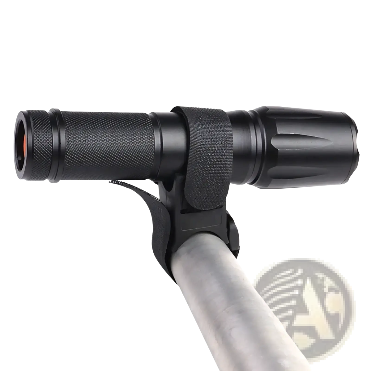 Black tactical flashlight with textured grip and adjustable strap mounted on metallic pole using universal bike mount strap holder