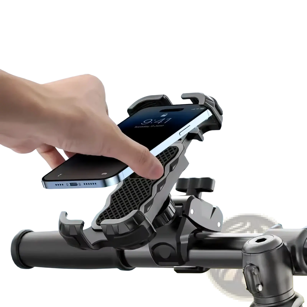 Black universal bike phone mount with adjustable clamp and textured grip featuring 360 rotation functionality