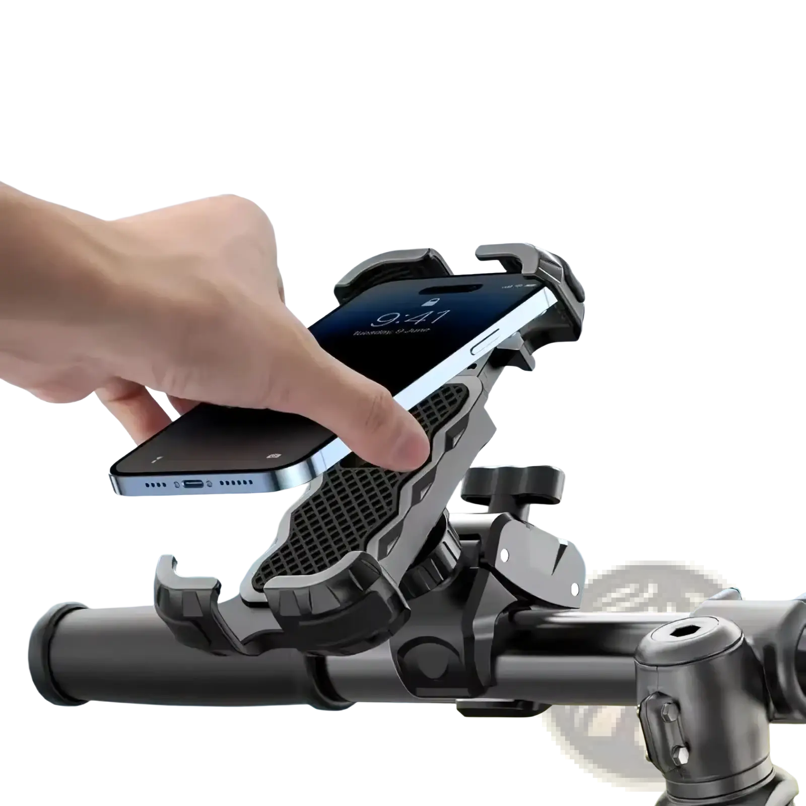Black universal bike phone mount with adjustable clamp and textured grip featuring 360 rotation functionality