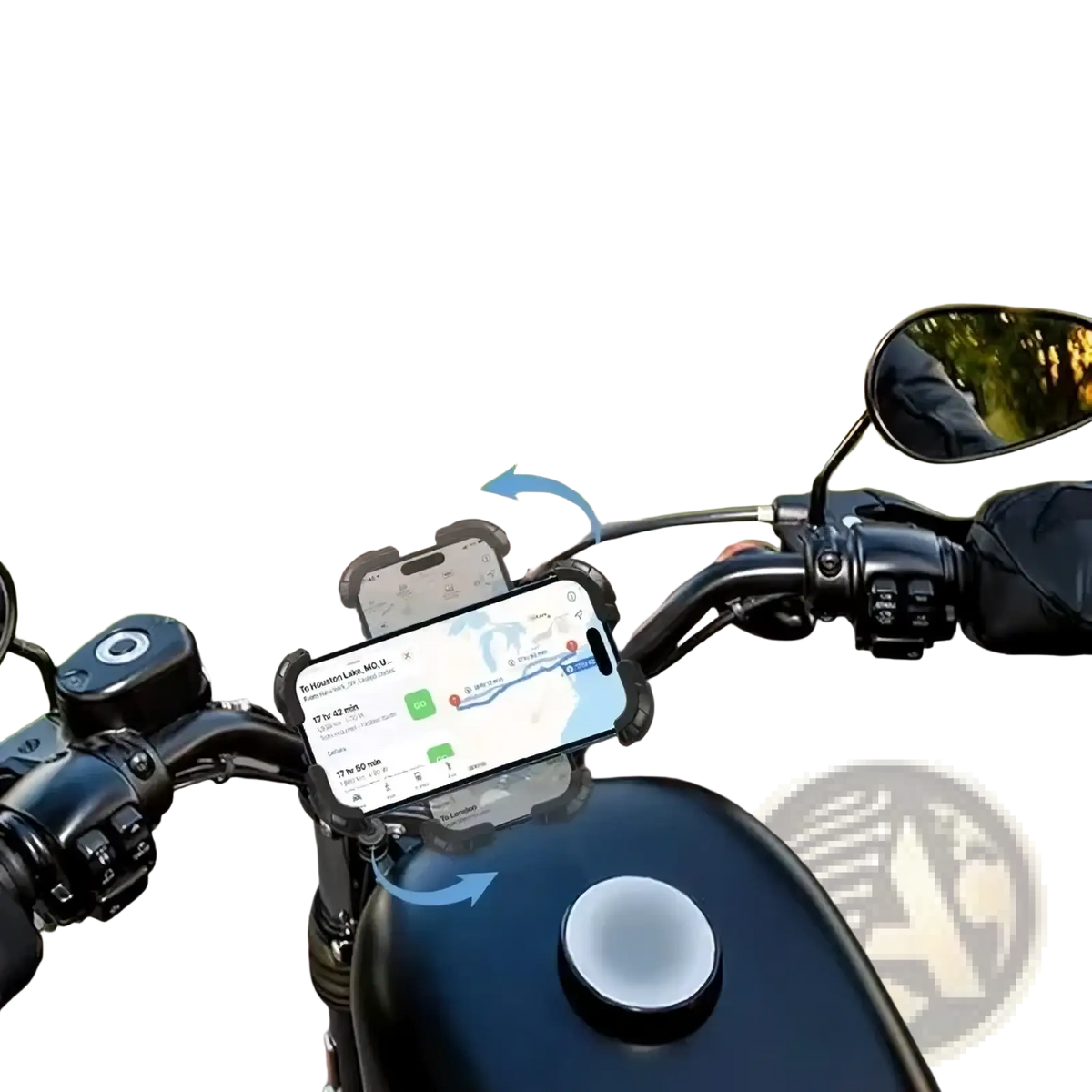 Black universal bike phone mount made of durable material with 360-degree rotation for motorcycle use shown from front side