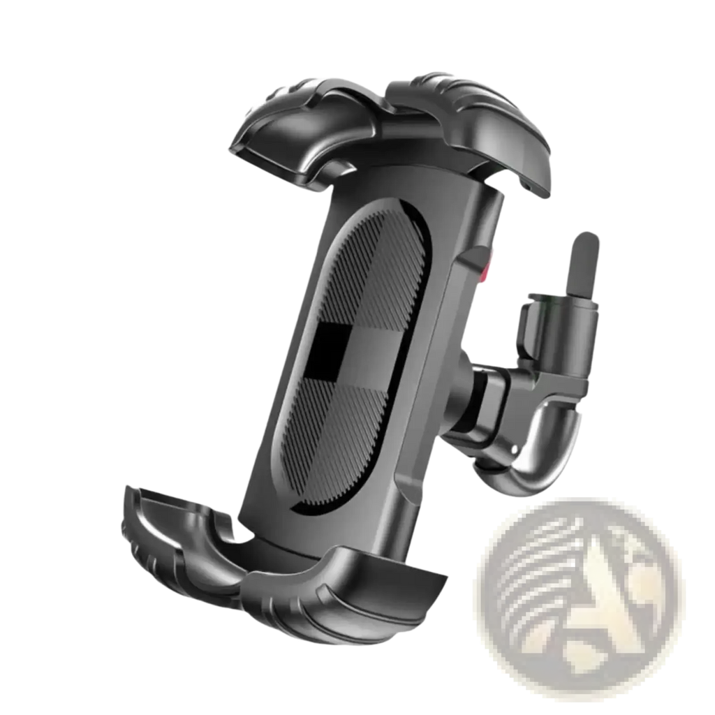 Black plastic universal bike phone mount with textured grip and adjustable clamp featuring 360 rotation capability