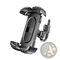 Black plastic universal bike phone mount with textured grip and adjustable clamp featuring 360 rotation capability